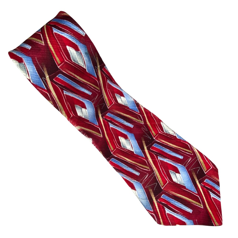 VTG Murano Necktie Mens‎ XL Red Blue Geometric Silk Abstract Modernistc 64x4